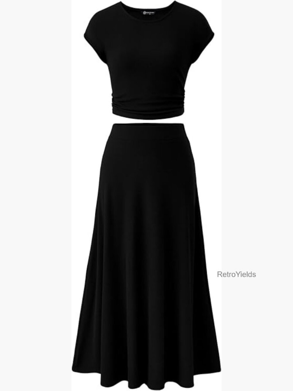 Women's Two Piece Skirt Set Cap Sleeve Crop Top Midi A-Line Knit Travel Outfit